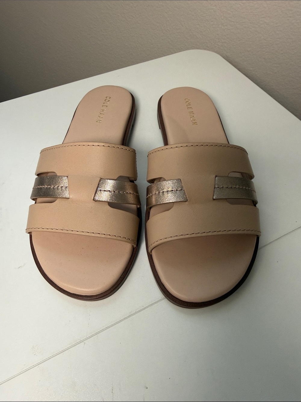 Cole Haan Blush Nude Leather Slide Sandals with Metallic Accent
